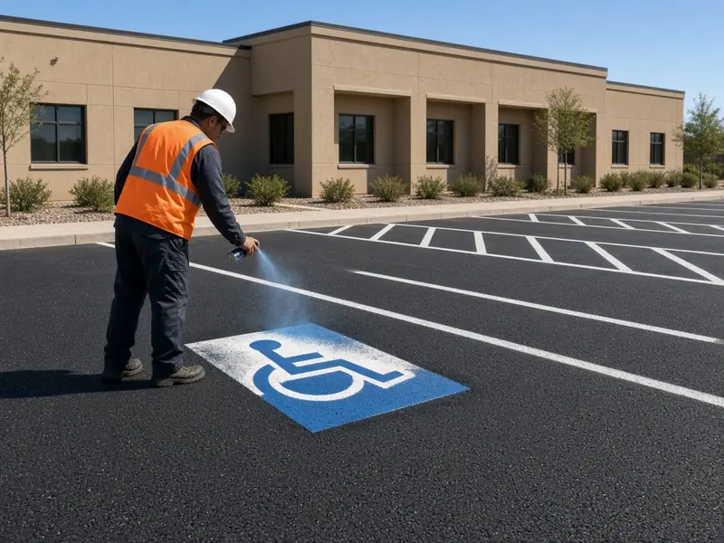 Worker spraying an accessibility symbol in a parking stall beside a striped access aisle