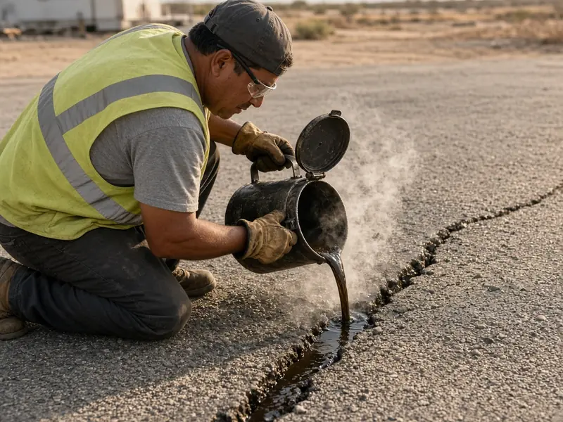 Worker pouring hot rubberized sealant into a crack in faded asphalt