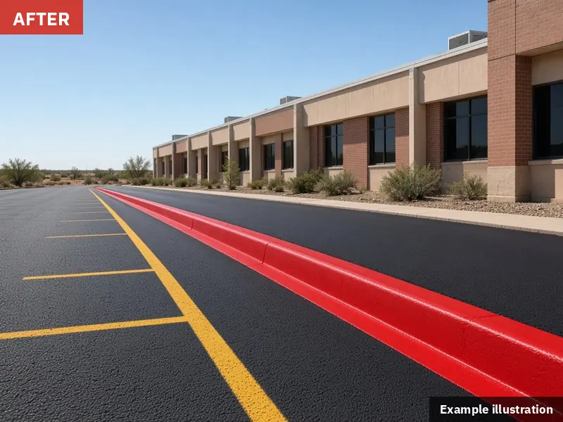 Example illustration: the same curb repainted red beside a freshly sealed lane