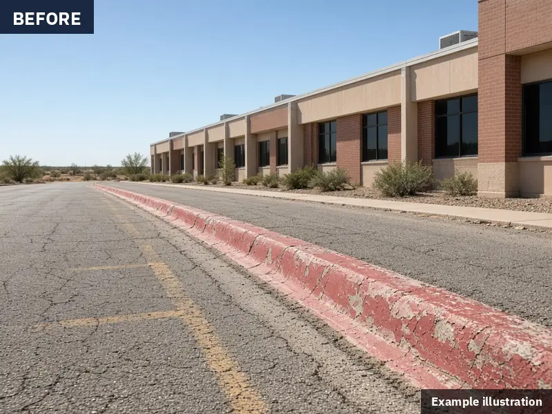 Example illustration: peeling, faded red curb along a cracked drive lane