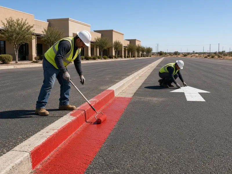Worker rolling red paint on a fire lane curb while another lays out an arrow stencil