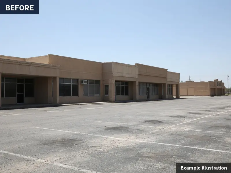 Example illustration: faded stall lines on sun-bleached asphalt at a strip center