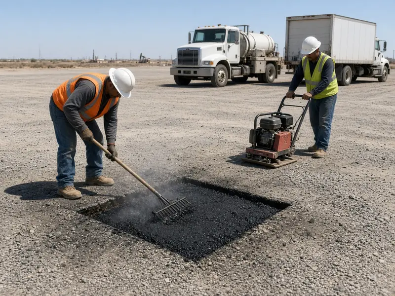 Two workers raking and compacting a hot-mix asphalt patch in a service yard
