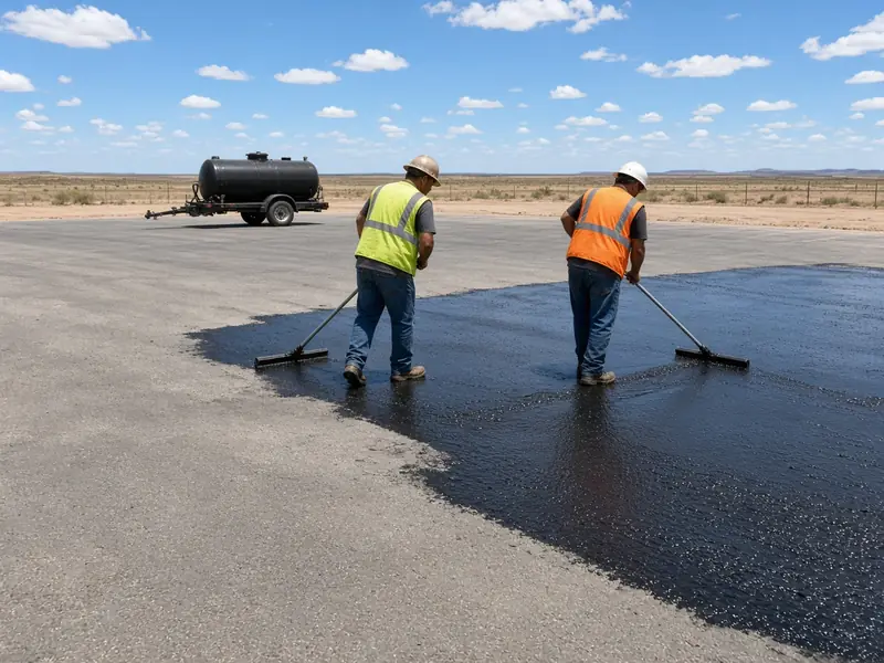 Two workers spreading black asphalt sealer with squeegees on a large commercial lot