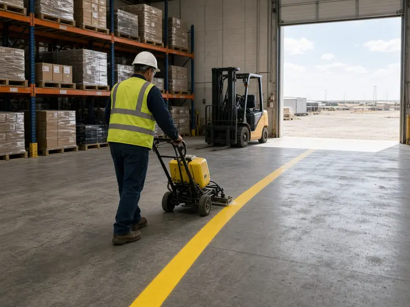 Worker painting a yellow safety lane line on a warehouse floor with a walk-behind striper